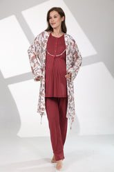 Crew-Neck 3-Piece Maternity-Nursing Pajama & Patterned Robe Set Claret Red - 714