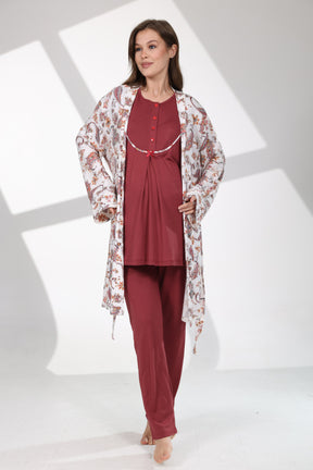 Crew-Neck 3-Piece Maternity-Nursing Pajama & Patterned Robe Set Claret Red - 714