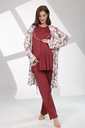 Crew-Neck 3-Piece Maternity-Nursing Pajama & Patterned Robe Set Claret Red - 714