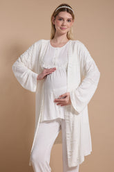 Lacy Panel 3-Piece Maternity-Nursing Pajama & Jacquard Robe Set Ecru - 718