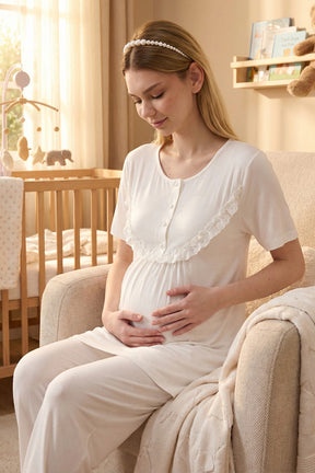Lacy Panel 3-Piece Maternity-Nursing Pajama & Jacquard Robe Set Ecru - 718