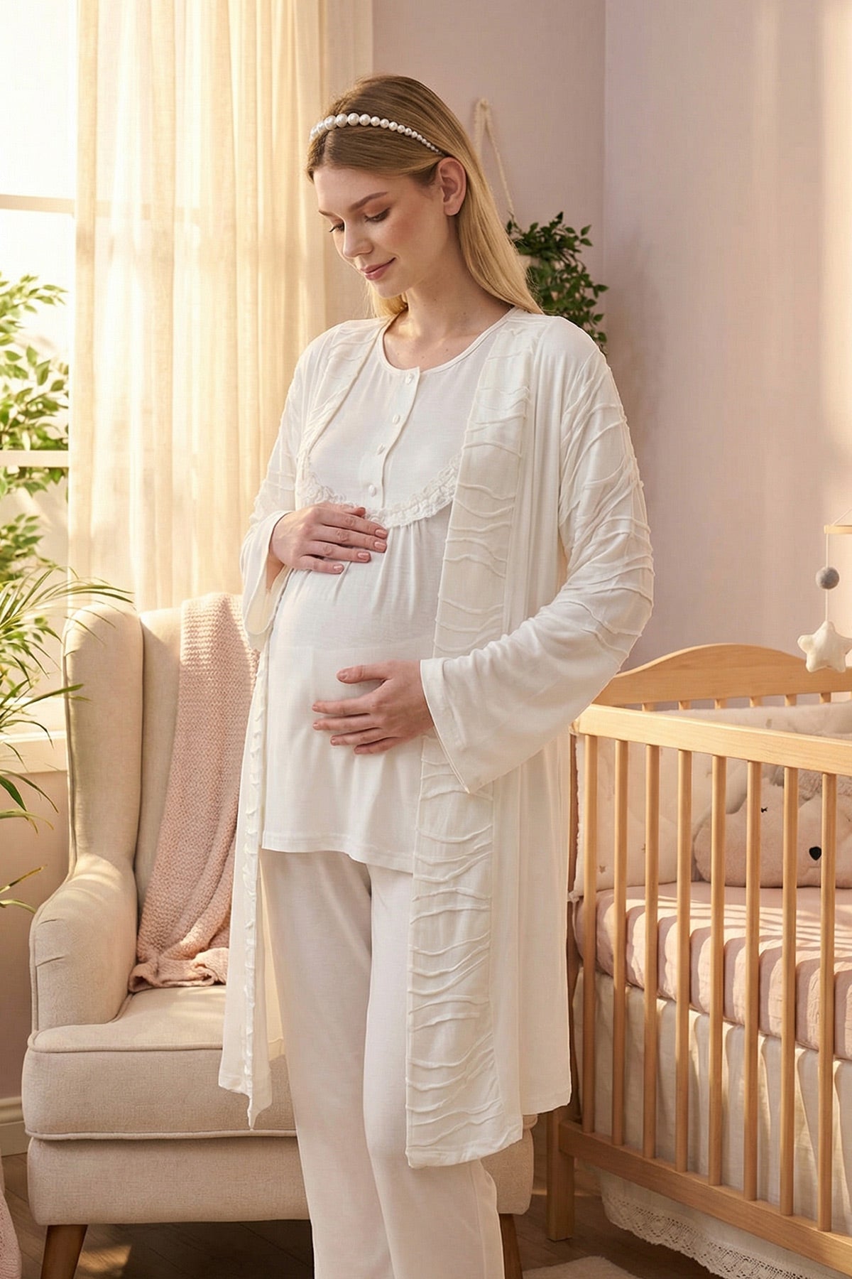 Lacy Panel 3-Piece Maternity-Nursing Pajama & Jacquard Robe Set Ecru - 718