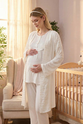 Lacy Panel 3-Piece Maternity-Nursing Pajama & Jacquard Robe Set Ecru - 718