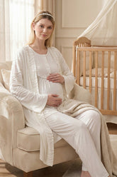 Lacy Panel 3-Piece Maternity-Nursing Pajama & Jacquard Robe Set Ecru - 718