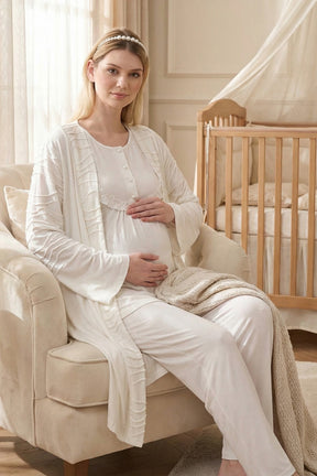 Lacy Panel 3-Piece Maternity-Nursing Pajama & Jacquard Robe Set Ecru - 718