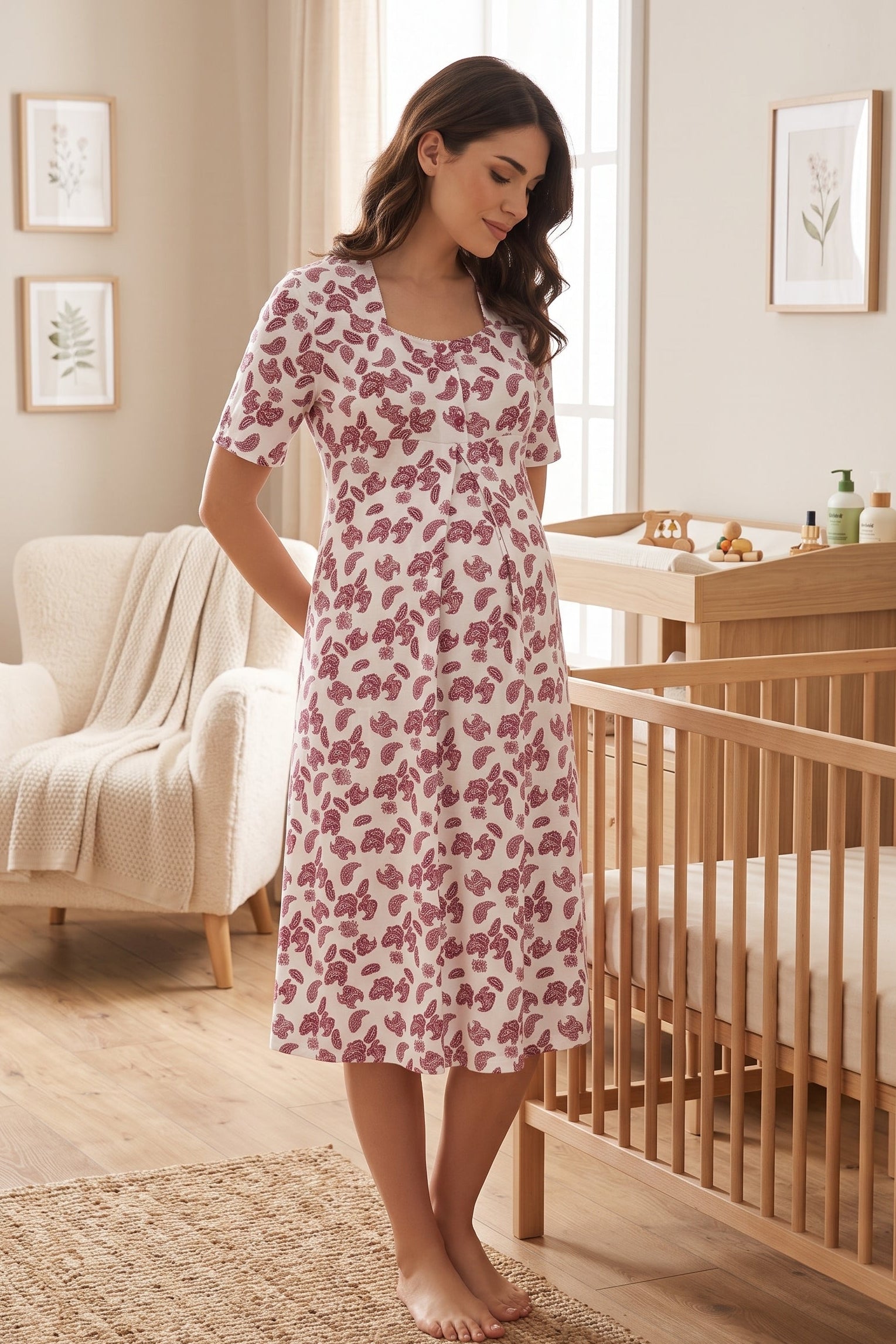 Patterned Maternity & Nursing Nightgown Cherry - 8013