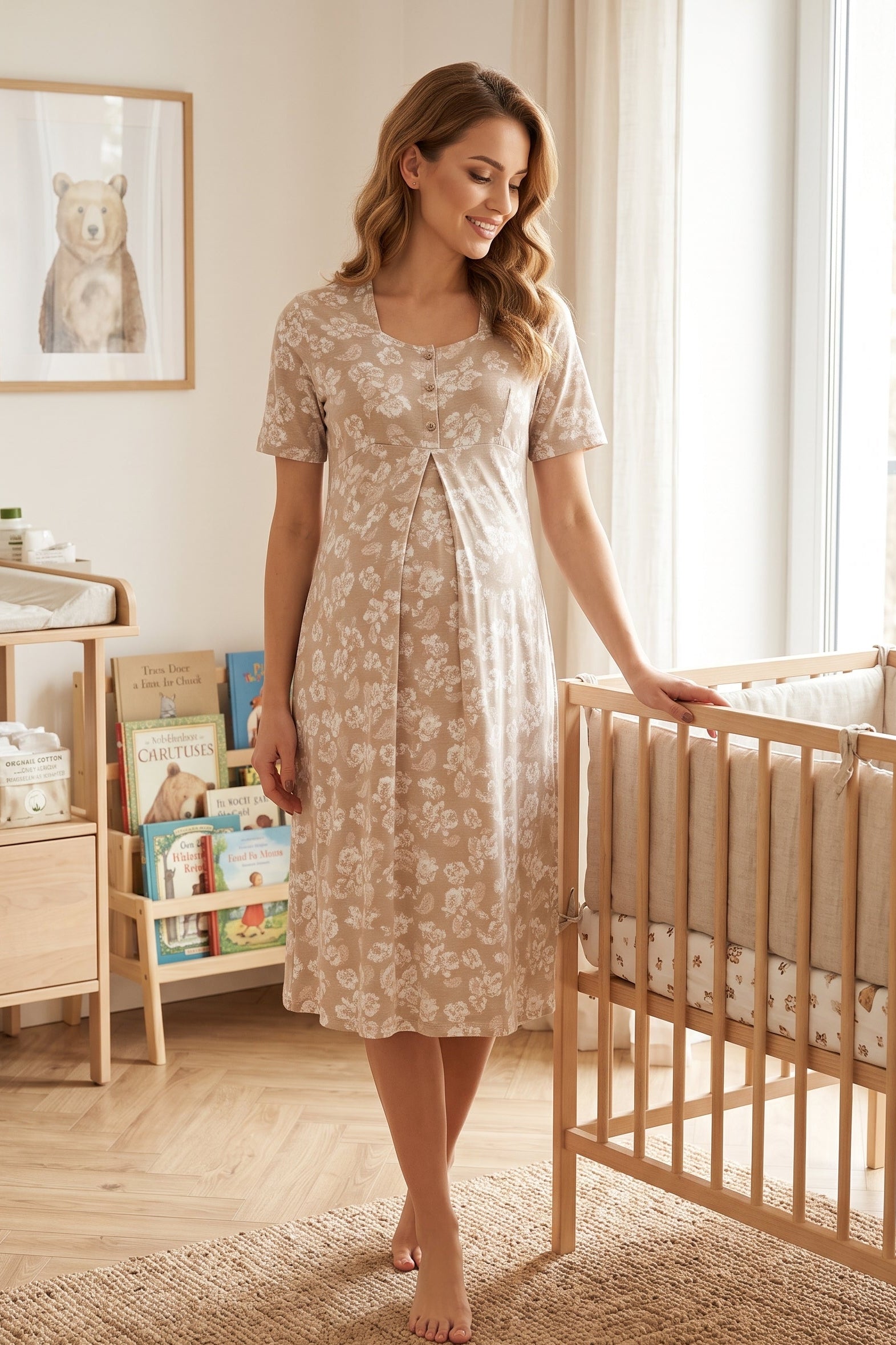 Patterned Maternity & Nursing Nightgown Pink - 8013