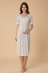 Patterned Maternity & Nursing Nightgown Grey - 8013