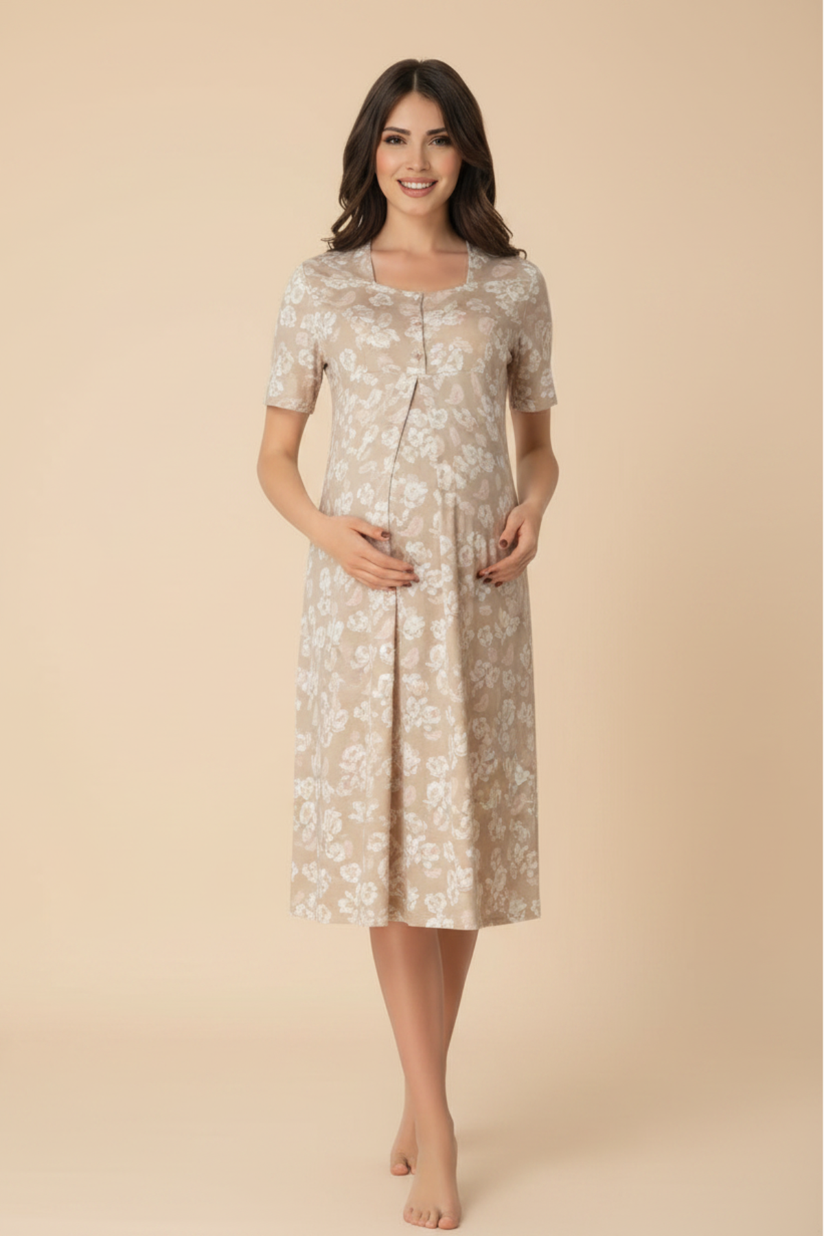 Patterned Maternity & Nursing Nightgown Pink - 8013