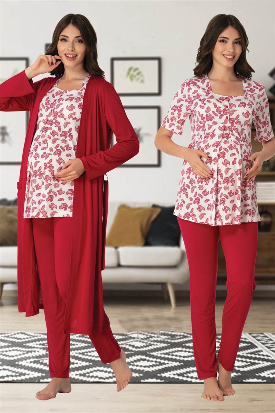 Patterned 3-Piece Maternity-Nursing Pajama & Robe Set Cherry - 8014