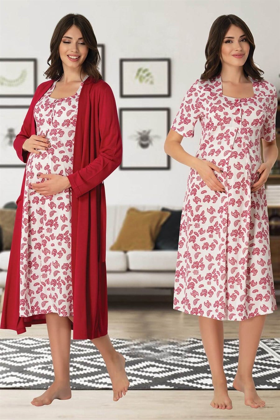 طقم ثوب نوم منقوش للأمومة والرضاعة بلون الكرز - 8015