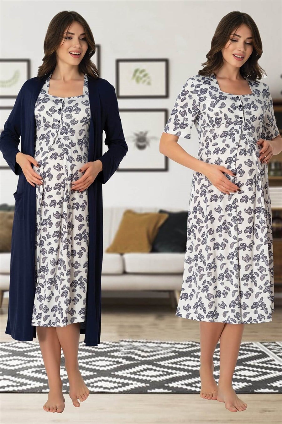 Patterned Maternity-Nursing Nightgown & Robe Set Navy Blue - 8015