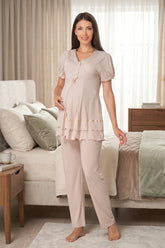 Pleated Embroidery Maternity & Nursing Pajama Set Mink - 8022