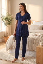 Pleated Embroidery Maternity & Nursing Pajama Set Navy Blue - 8022