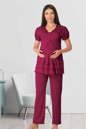 Pleated Embroidery Lacy 4-Piece Maternity-Nursing Set Cherry - 8026