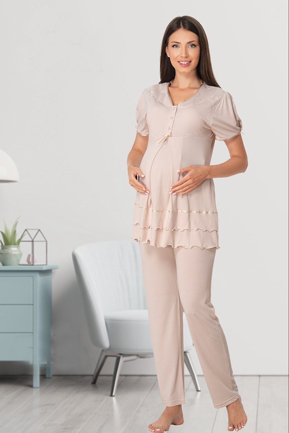 Pleated Embroidery Lacy 4-Piece Maternity-Nursing Set Mink - 8026