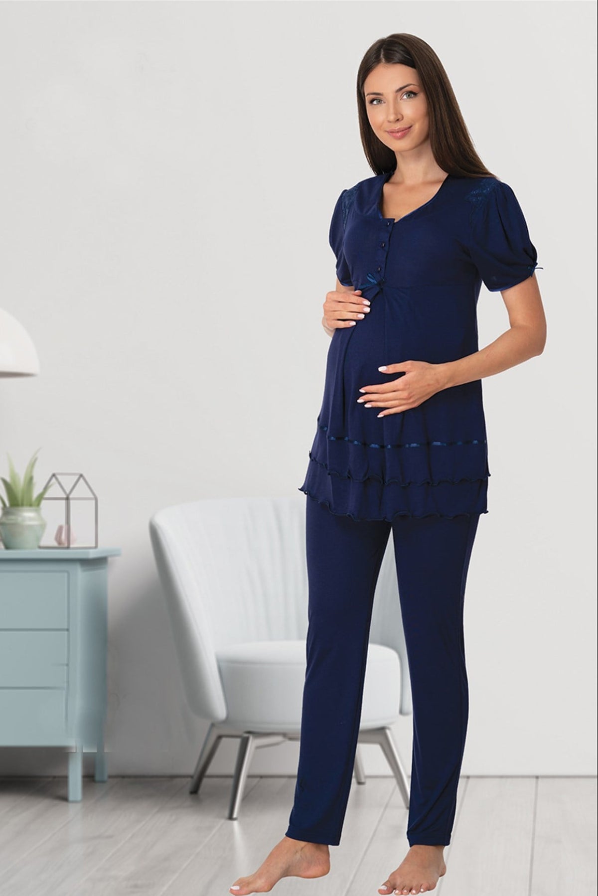Pleated Embroidery 3-Piece Maternity-Nursing Pajama & Lacy Robe Set Navy Blue - 8024