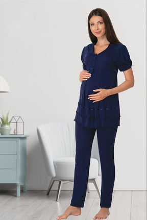 Pleated Embroidery Lacy 4-Piece Maternity-Nursing Set Navy Blue - 8026