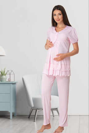 Pleated Embroidery Lacy 4-Piece Maternity-Nursing Set Pink - 8026