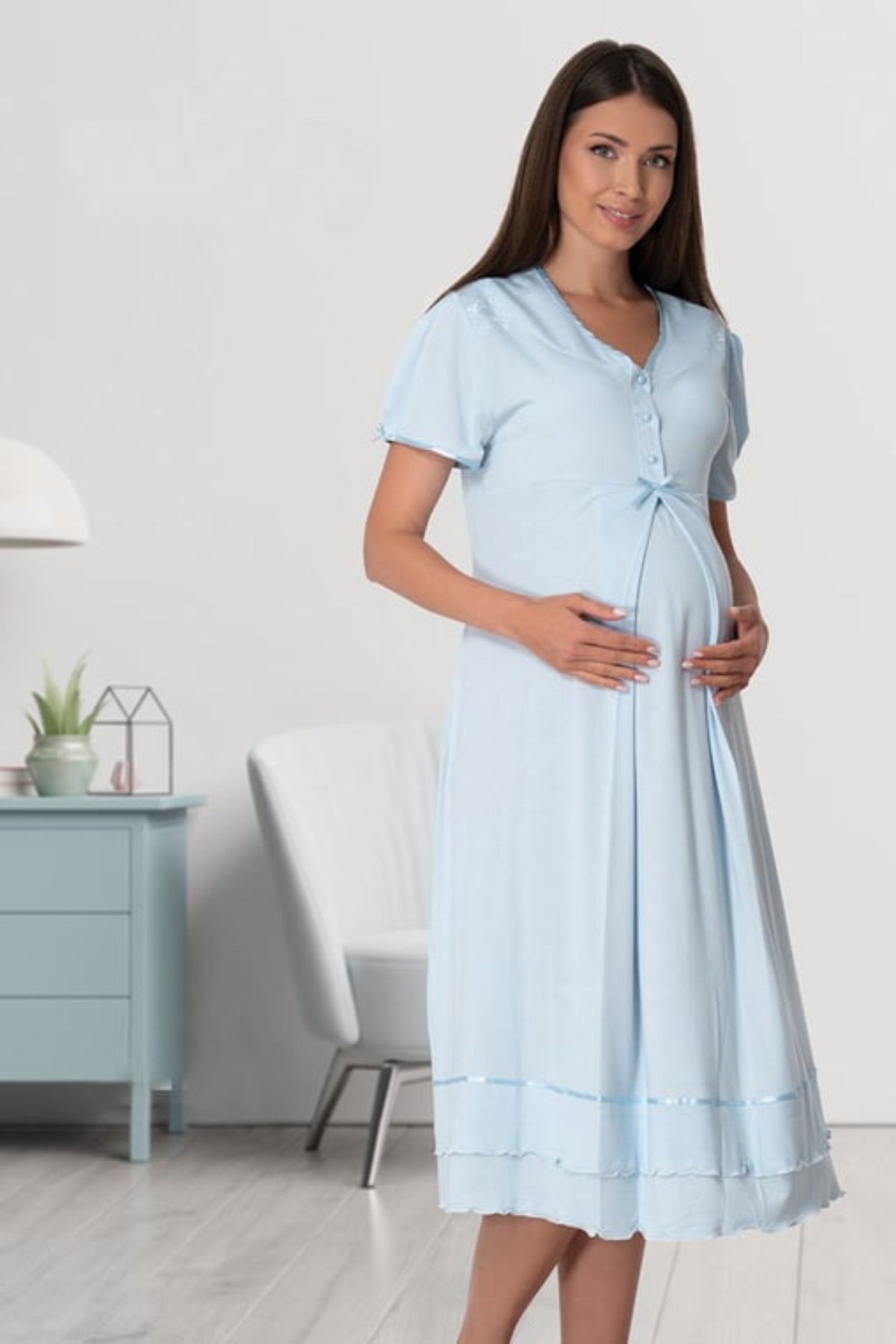 Pleated Embroidery Maternity & Nursing Nightgown Blue - 8023