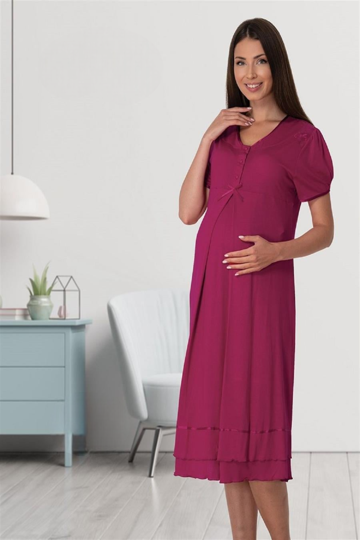 Pleated Embroidery Maternity & Nursing Nightgown Cherry - 8023