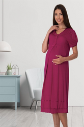 Pleated Embroidery Maternity & Nursing Nightgown Cherry - 8023