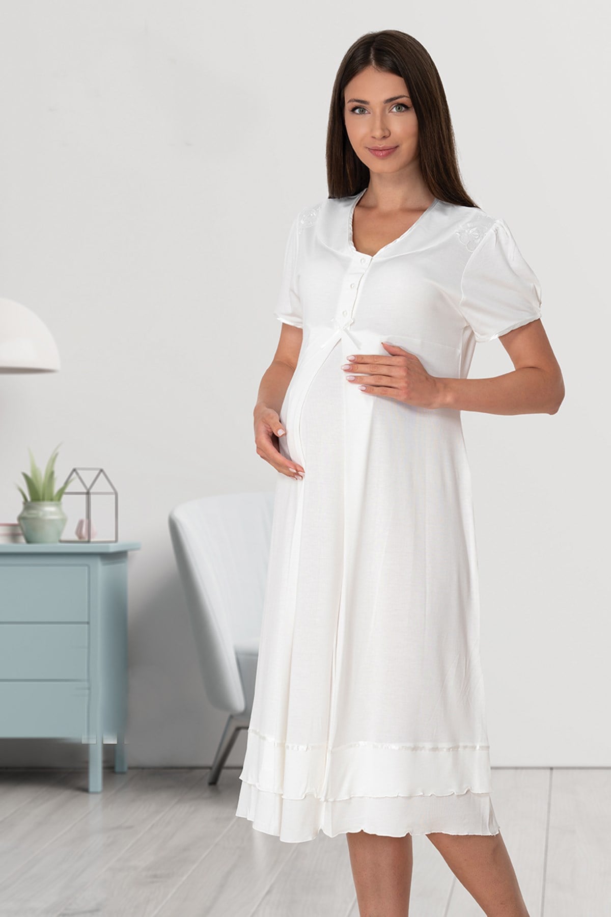 Pleated Embroidery Maternity & Nursing Nightgown Ecru - 8023