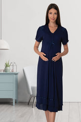 Pleated Embroidery Maternity & Nursing Nightgown Navy Blue - 8023