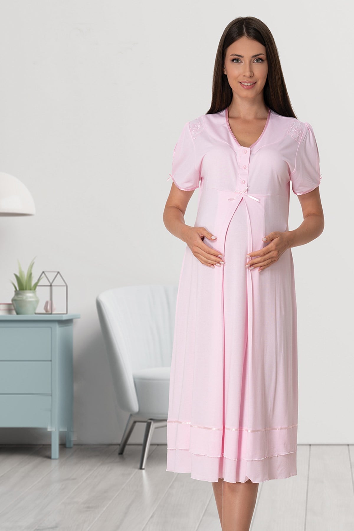 Pleated Embroidery Lacy 4-Piece Maternity-Nursing Set Pink - 8026