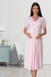 Pleated Embroidery Maternity & Nursing Nightgown Pink - 8023