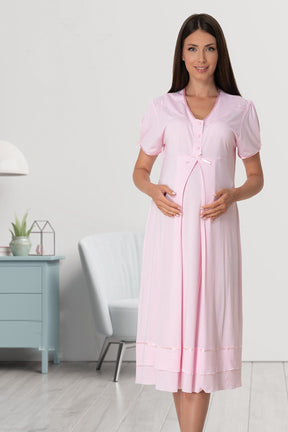 Pleated Embroidery Lacy 4-Piece Maternity-Nursing Set Pink - 8026