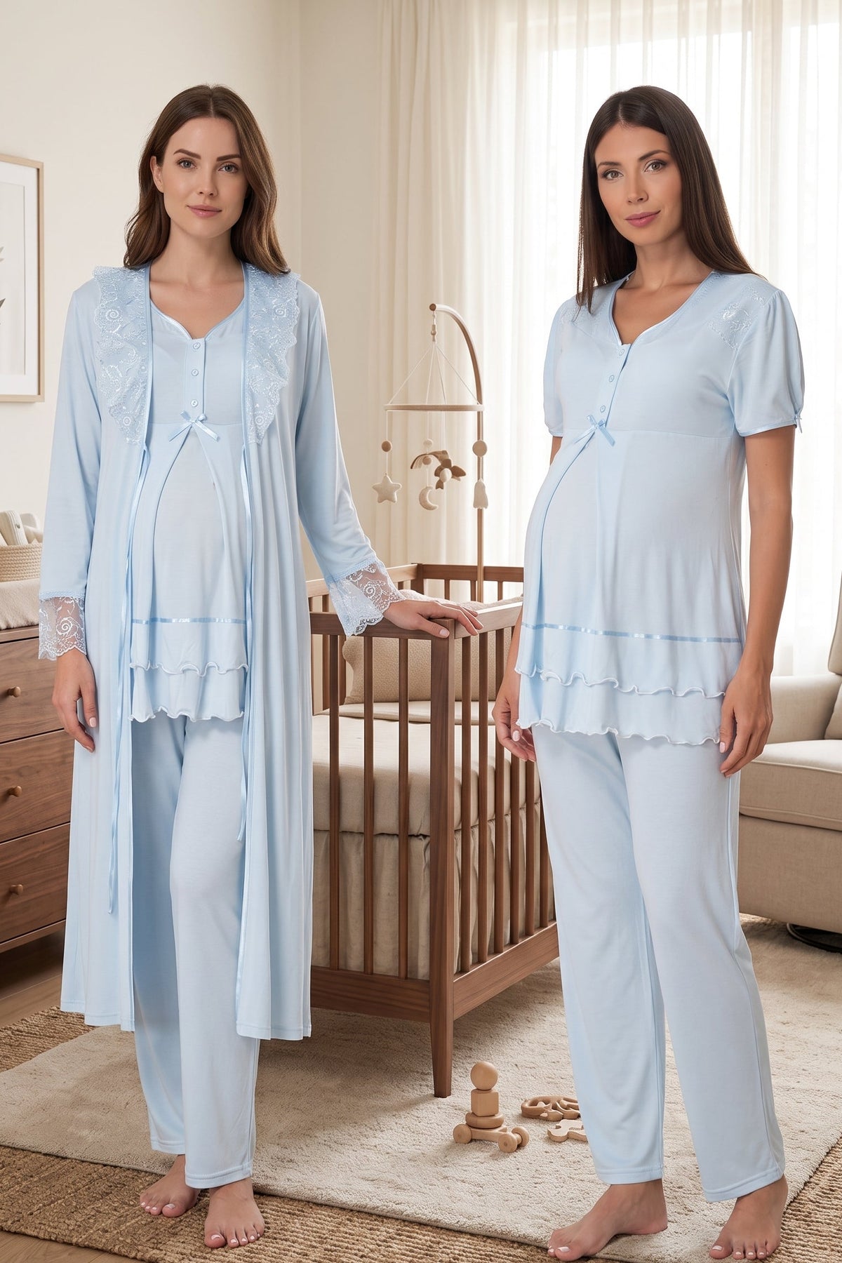 Pleated Embroidery 3-Piece Maternity-Nursing Pajama & Lacy Robe Set Blue - 8024