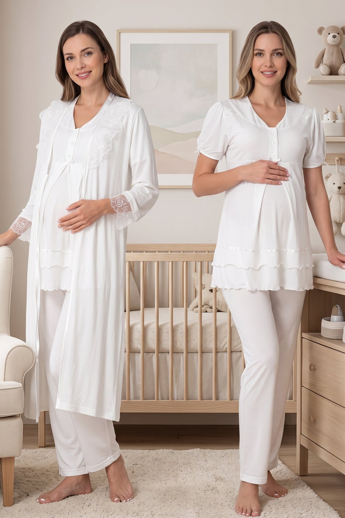Pleated Embroidery 3-Piece Maternity-Nursing Pajama & Lacy Robe Set Ecru - 8024