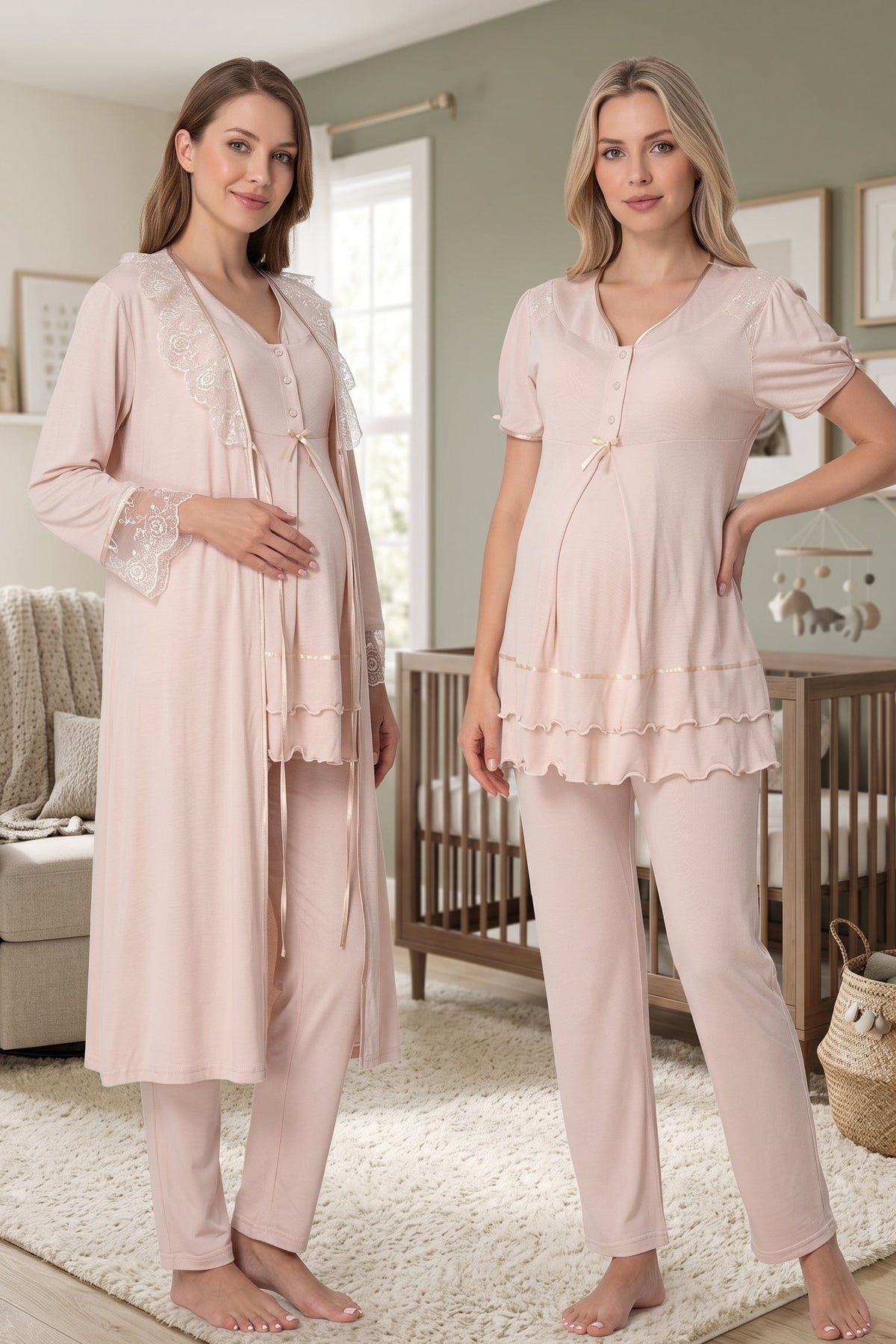 Pleated Embroidery 3-Piece Maternity-Nursing Pajama & Lacy Robe Set Mink - 8024