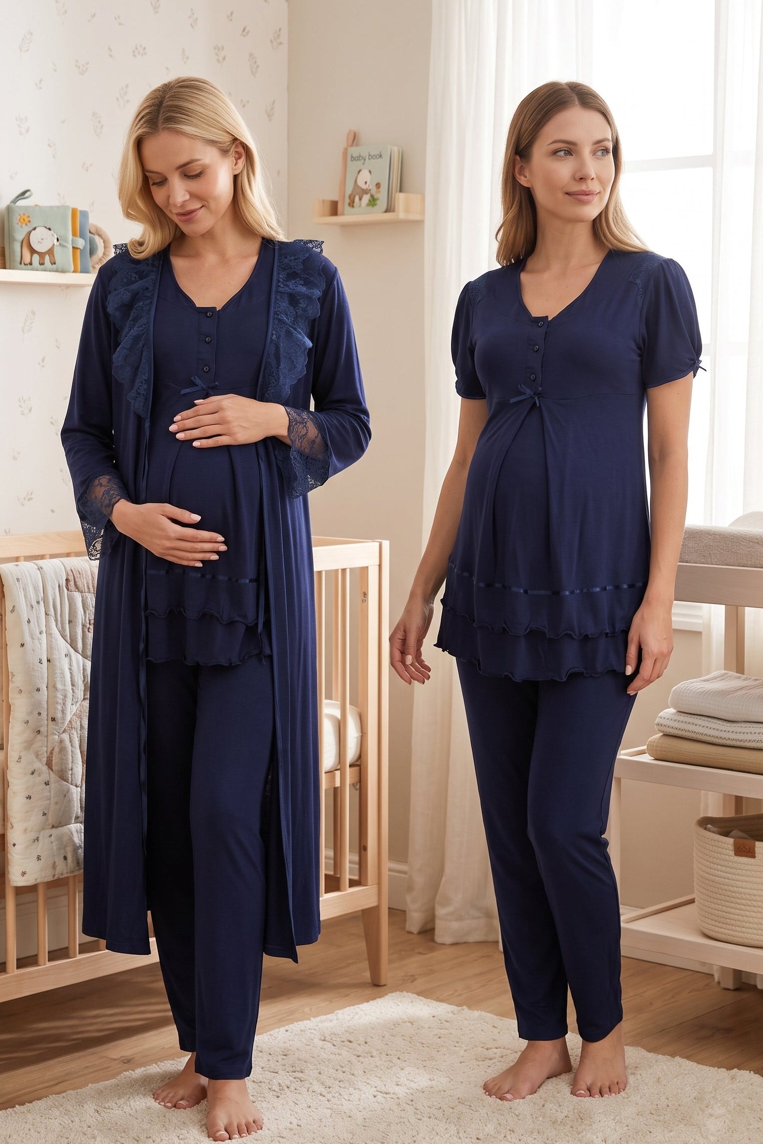Pleated Embroidery 3-Piece Maternity-Nursing Pajama & Lacy Robe Set Navy Blue - 8024