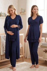 Pleated Embroidery 3-Piece Maternity-Nursing Pajama & Lacy Robe Set Navy Blue - 8024