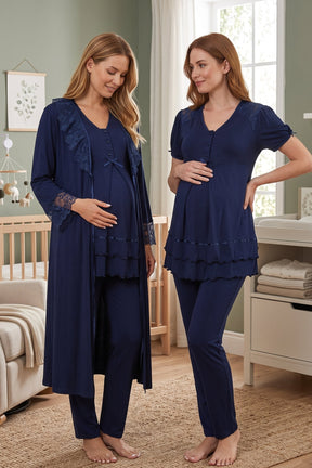 Pleated Embroidery 3-Piece Maternity-Nursing Pajama & Lacy Robe Set Navy Blue - 8024
