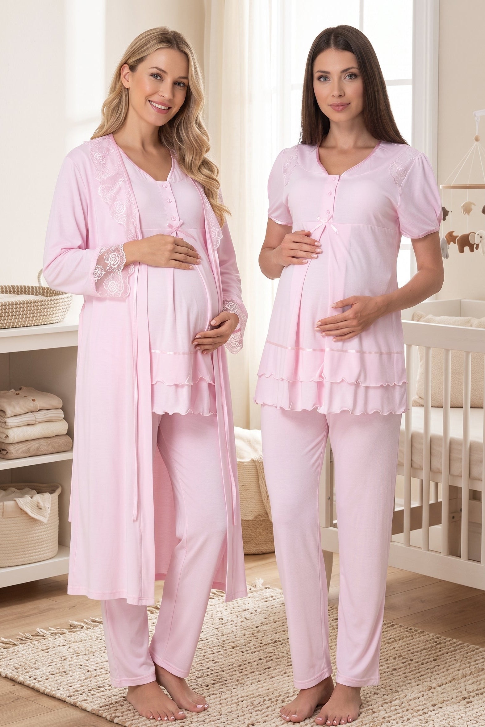 Pleated Embroidery 3-Piece Maternity-Nursing Pajama & Lacy Robe Set Pink - 8024