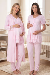 Pleated Embroidery 3-Piece Maternity-Nursing Pajama & Lacy Robe Set Pink - 8024