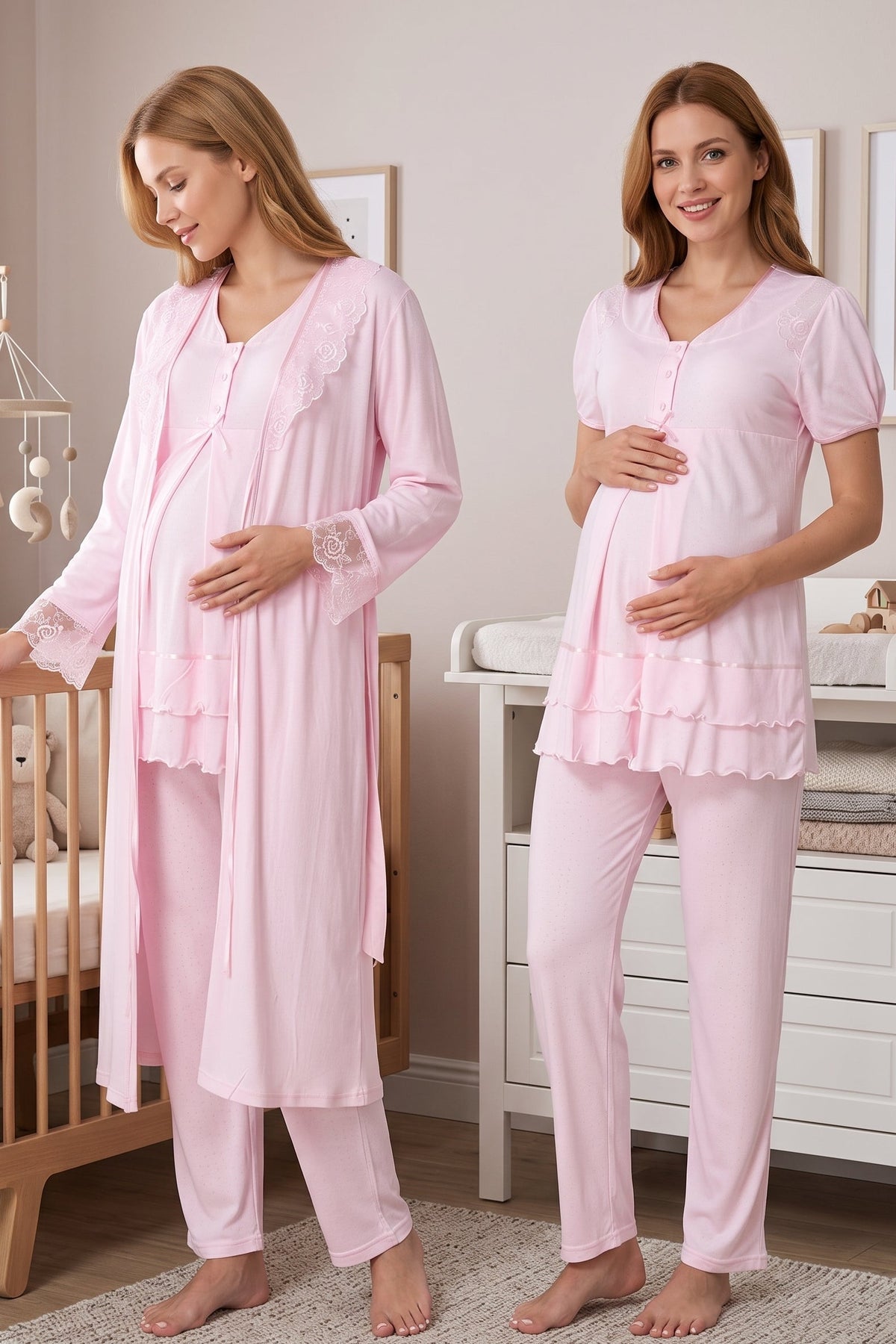 Pleated Embroidery 3-Piece Maternity-Nursing Pajama & Lacy Robe Set Pink - 8024