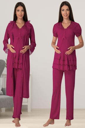 Pleated Embroidery Lacy 4-Piece Maternity-Nursing Set Cherry - 8026