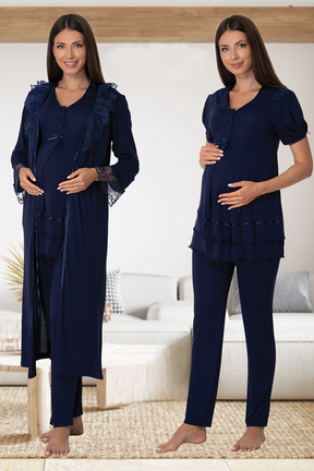 Pleated Embroidery Lacy 4-Piece Maternity-Nursing Set Navy Blue - 8026