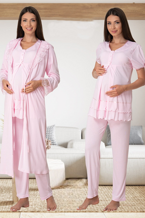 Pleated Embroidery Lacy 4-Piece Maternity-Nursing Set Pink - 8026