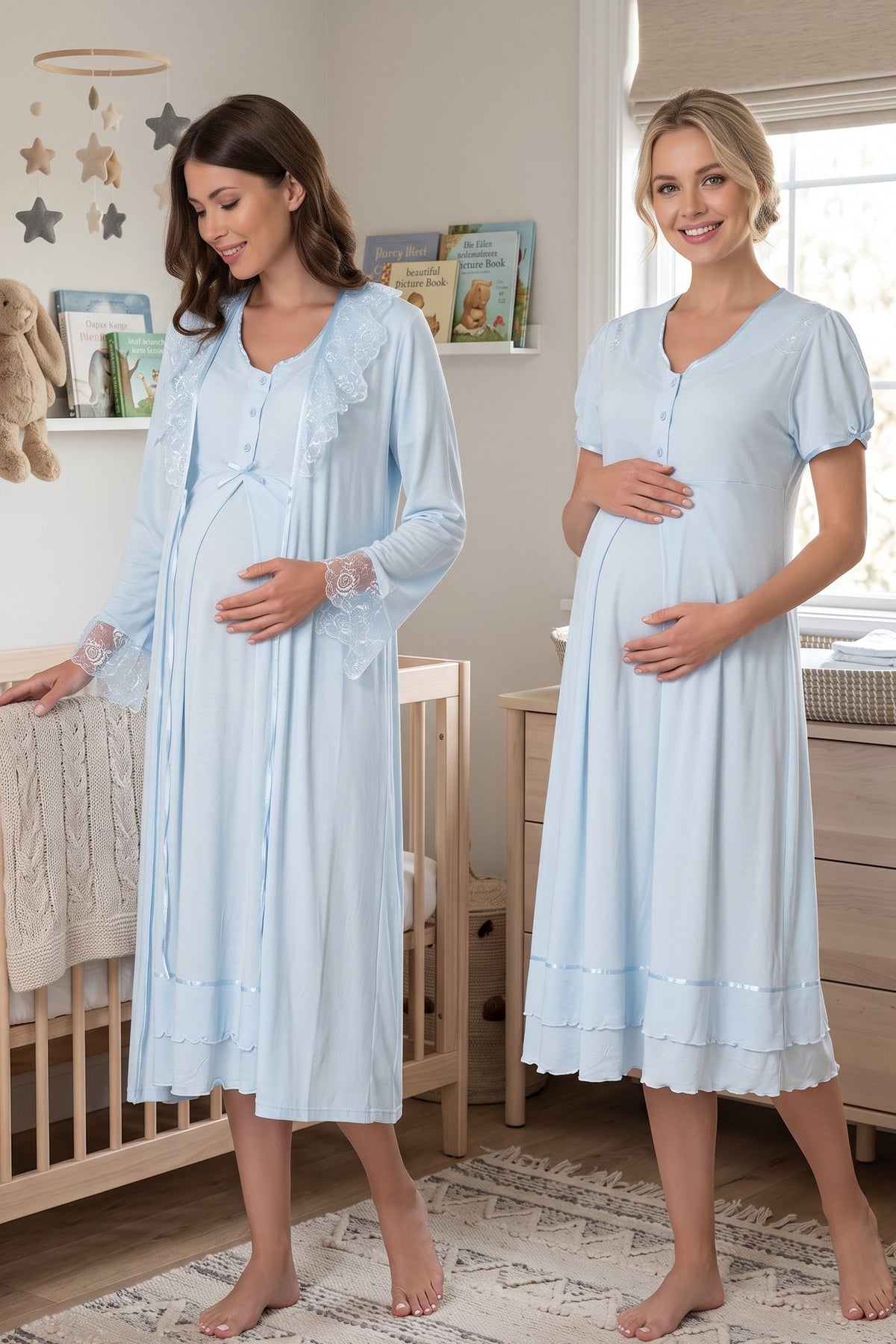 Pleated Embroidery Maternity-Nursing Nightgown & Lacy Robe Set Blue - 8025