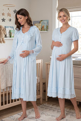Pleated Embroidery Maternity-Nursing Nightgown & Lacy Robe Set Blue - 8025