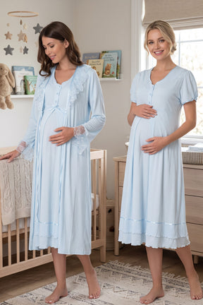Pleated Embroidery Maternity-Nursing Nightgown & Lacy Robe Set Blue - 8025