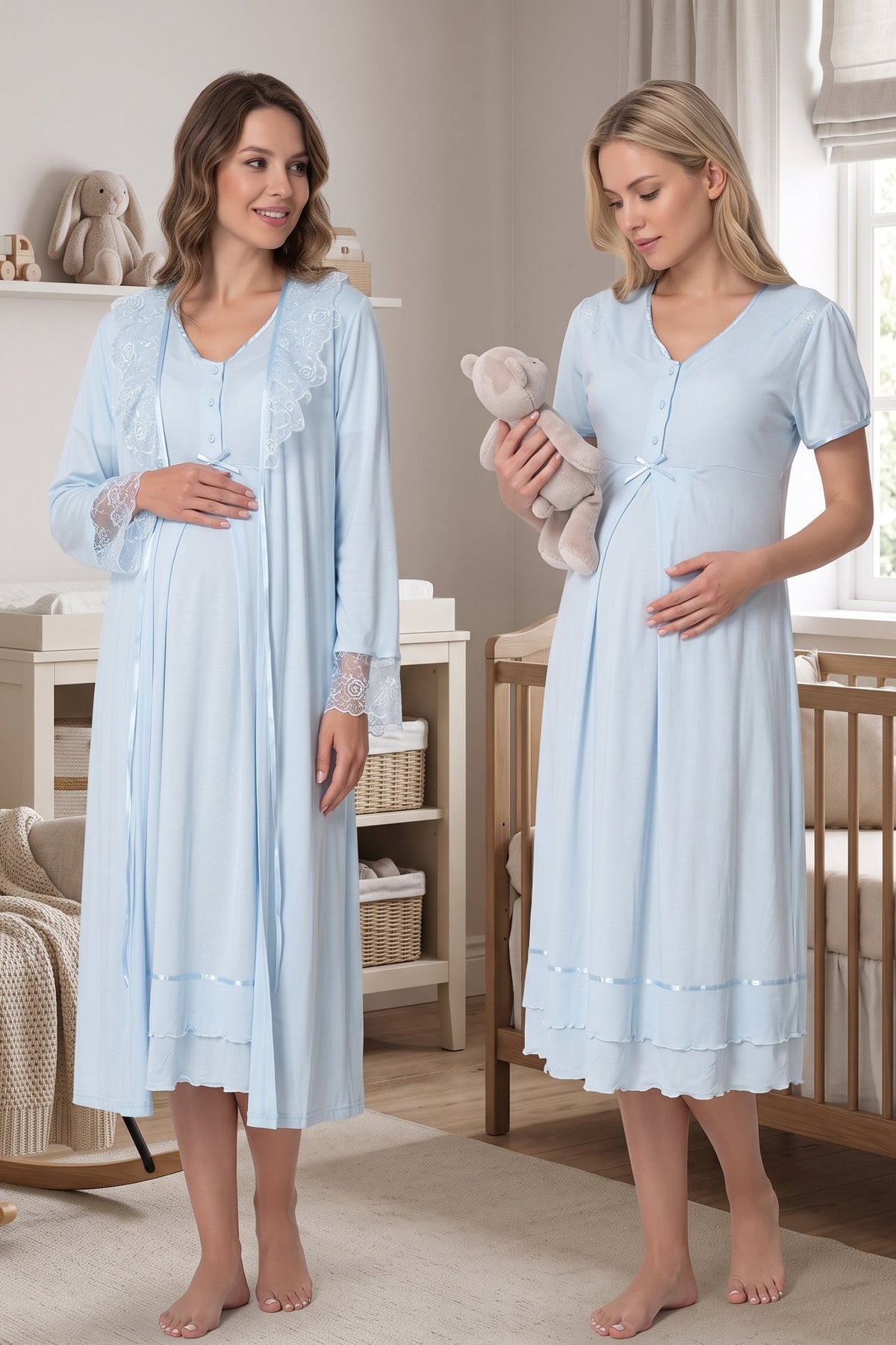Pleated Embroidery Maternity-Nursing Nightgown & Lacy Robe Set Blue - 8025
