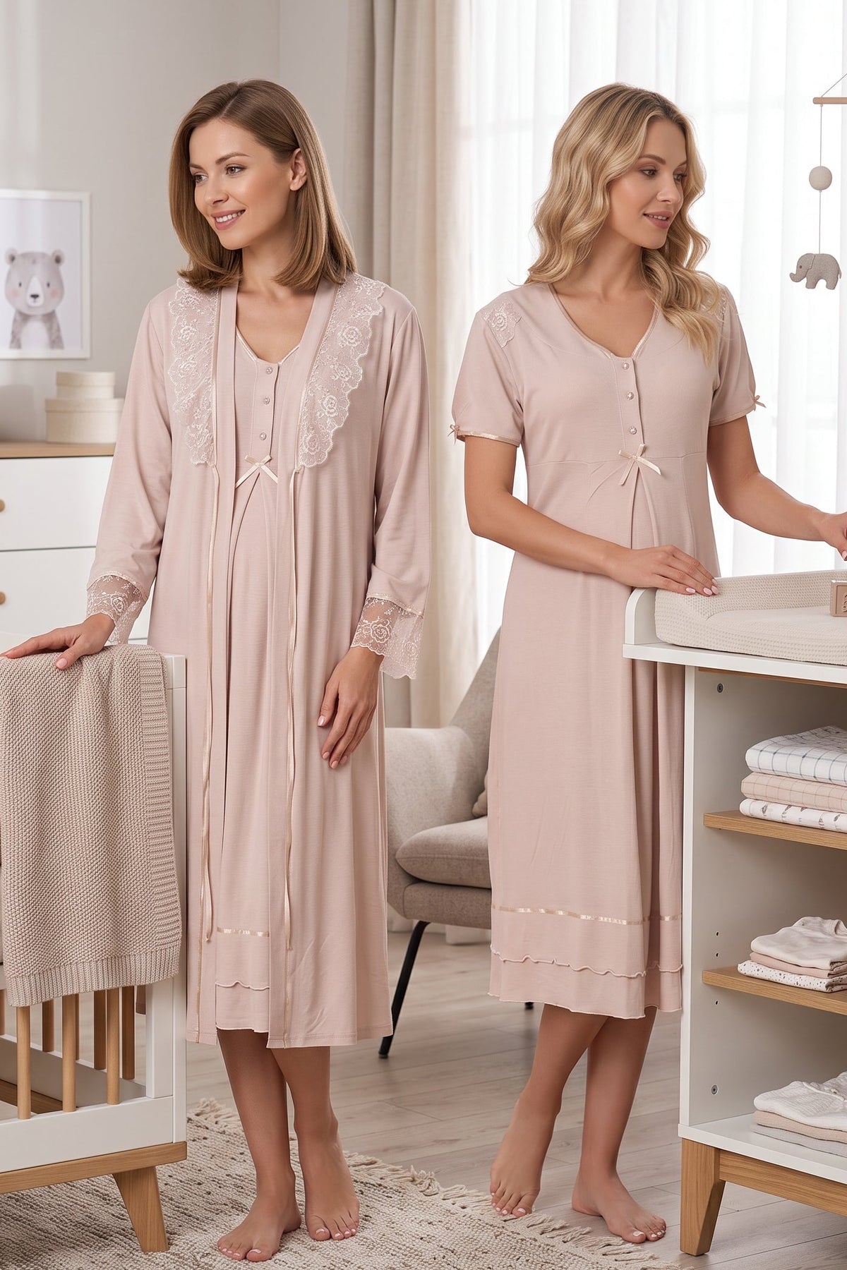 Pleated Embroidery Maternity-Nursing Nightgown & Lacy Robe Set Mink - 8025