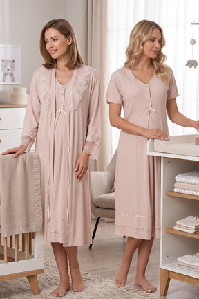 Pleated Embroidery Maternity-Nursing Nightgown & Lacy Robe Set Mink - 8025
