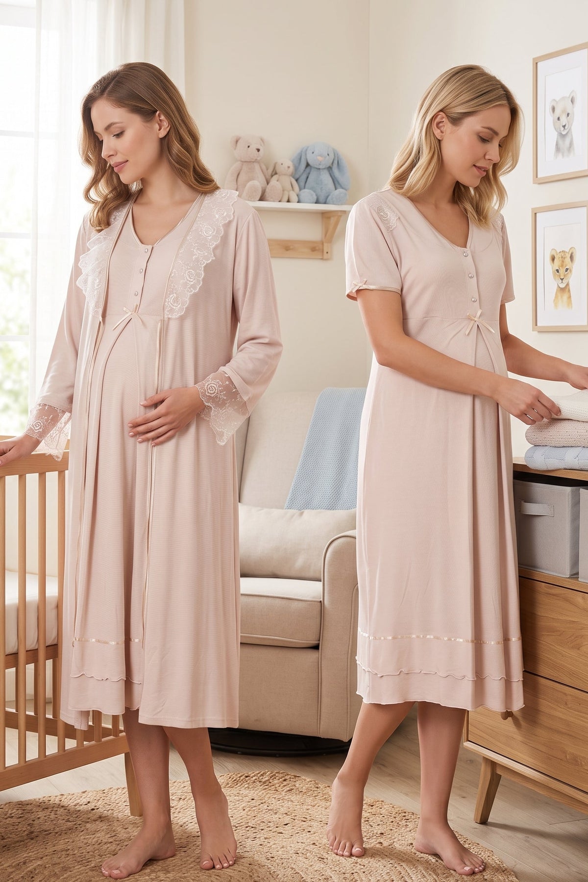 Pleated Embroidery Maternity-Nursing Nightgown & Lacy Robe Set Mink - 8025